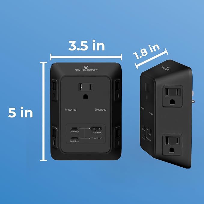 Travel Depot PD USB Wall Charger Surge Protector, 5 Outlet Extender 2 USB C & 1 USBA Charging Ports, Fast Charge 3 Sided Power Strip Multi Plug Outlets Wall Adapter for Home Office, ETL Listed (Black)