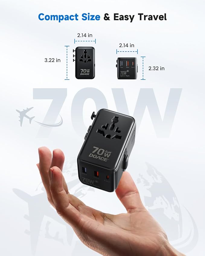 DOACE 70W Universal Travel Adapter, 6-in-1 International Power Adapter with Built-in USB-C Cable, PD Fast Charging Worldwide Wall Charger for EU/UK/US/AU