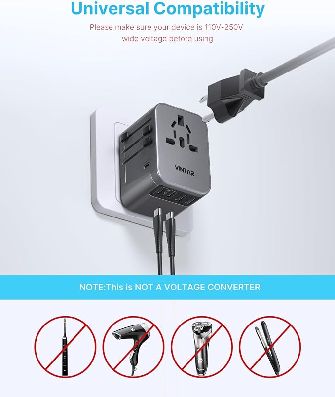 Universal Travel Adapter, VINTAR International Power Adapter with 6A 3 USB C and 2 USB Ports, All in One Travel Essentials Plug Adapter, Worldwide Outlet Converter for Europe UK USA AUS(Type C/G/A/I)