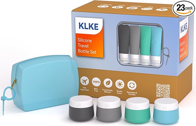 23-Piece All-in-One Silicone Travel Bottles Set – TSA Approved Leakproof Toiletry Kit with Double Bags, Flat Easy-Squeeze Bottles with Tactile Icons, Cream Jars, Pump & Spray, Cleaning Brush