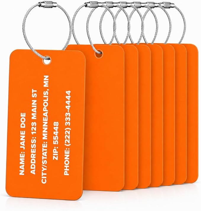 Personalized Acrylic Luggage Tags Set – Custom Engraved Name & Address ID Tags for Suitcases, Carry-On Bags & Backpacks – Bright High Visibility Heavy Duty Travel Bag Tags with Wire Ring Loops (8)
