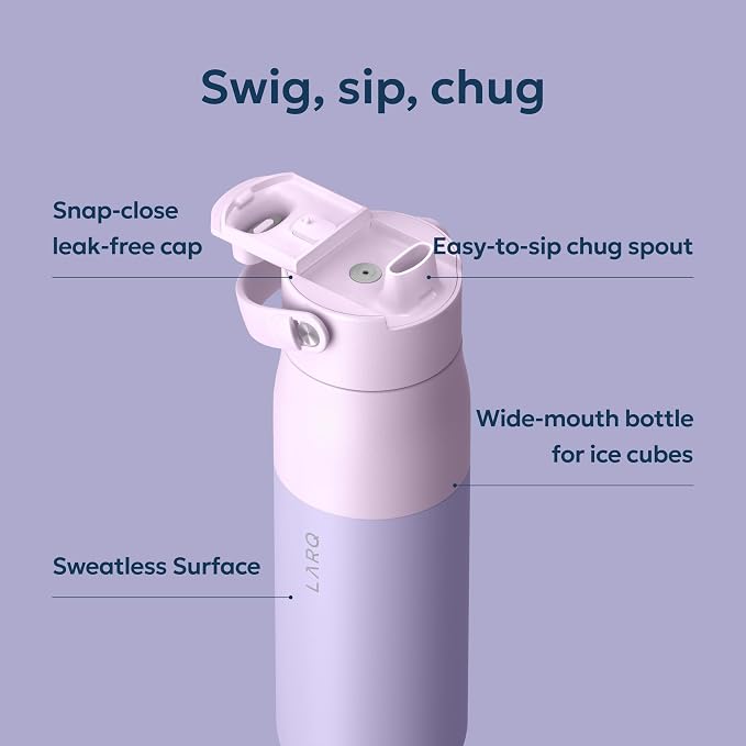 LARQ Swig Top — Insulated Stainless Steel Water Bottle with Straw, Detachable Silicone Handle, Vacuum 24h Cold, BPA-Free Metal Bottle for Gym, Travel, Office, Wide Mouth for Ice — 34 oz, L. Lavender