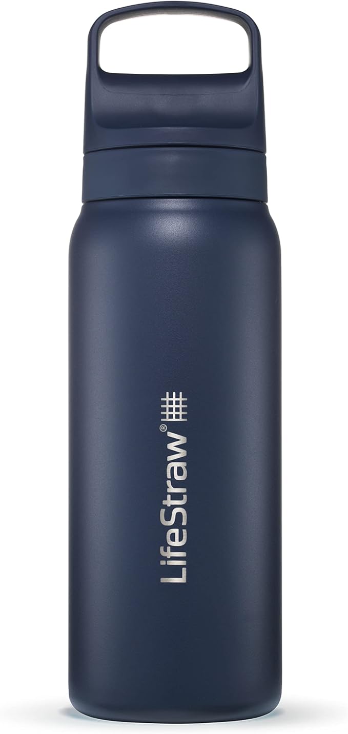 LifeStraw Go Series — Insulated Stainless Steel Water Filter Bottle for Travel and Everyday Use Removes Bacteria, Parasites and Microplastics, Improves Taste, 24 oz, Aegan Sea