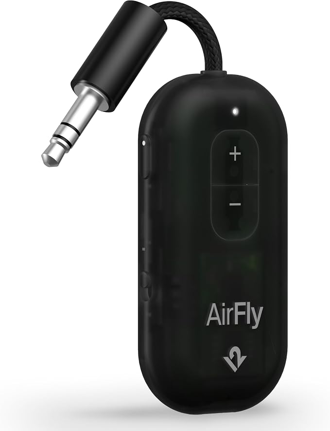 AirFly Pro 2 – Bluetooth Adapter for Airplane, Pair 2 AirPods or Wireless Headphones – 3.5mm AUX Bluetooth Transmitter for Cars, Boats, Treadmills, TVs– Airplane Travel Essentials, Black Ice