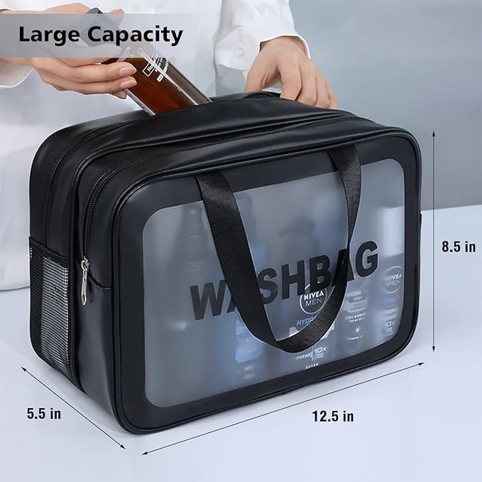 DAPOWER Travel Toiletry Bag for Women and Men, Matte Translucent Toiletry Bag with Handy Handle, Makeup Cosmetic Organizer Bag for Travel Toiletries Accessories (Black-XL)