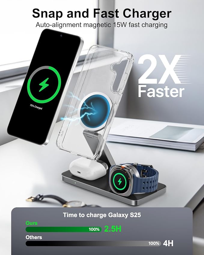 Qi2 25W Magnetic Wireless Charger for Samsung, 3 in 1 Fast Charging Station Compatible with MagSafe for Galaxy S26/S25/S24/S23/Ultra/Plus/Z Fold/Flip 7, Watch Ultra/8/7/6/5 & Buds with 35W Adapter