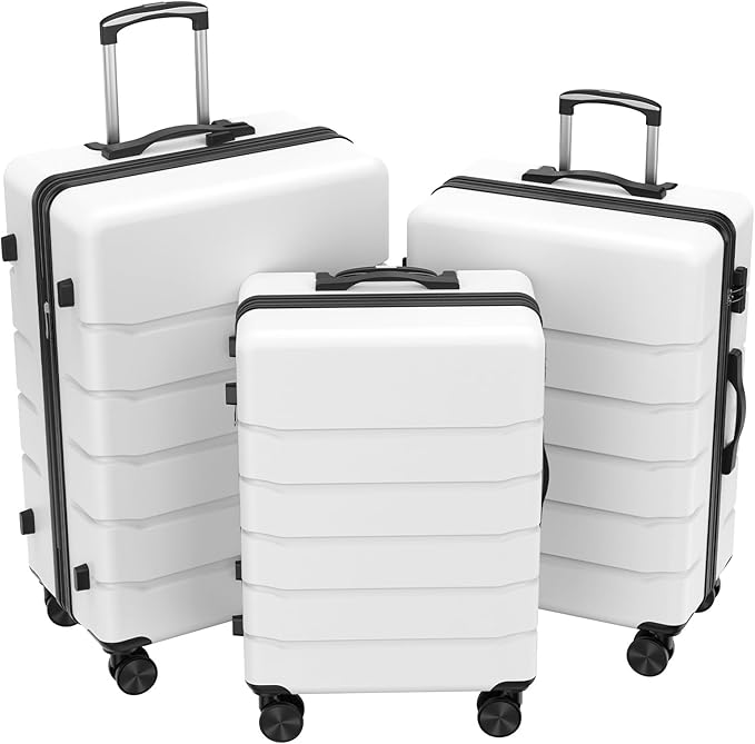 NEWBULIG 3 Piece Luggage Set, Expandable Hard Shell Lightweight Travel Suitcases with Spinner Wheels and TSA Lock, Rolling Luggage for Business Trips and Vacations, 20/24/28 Inch, White
