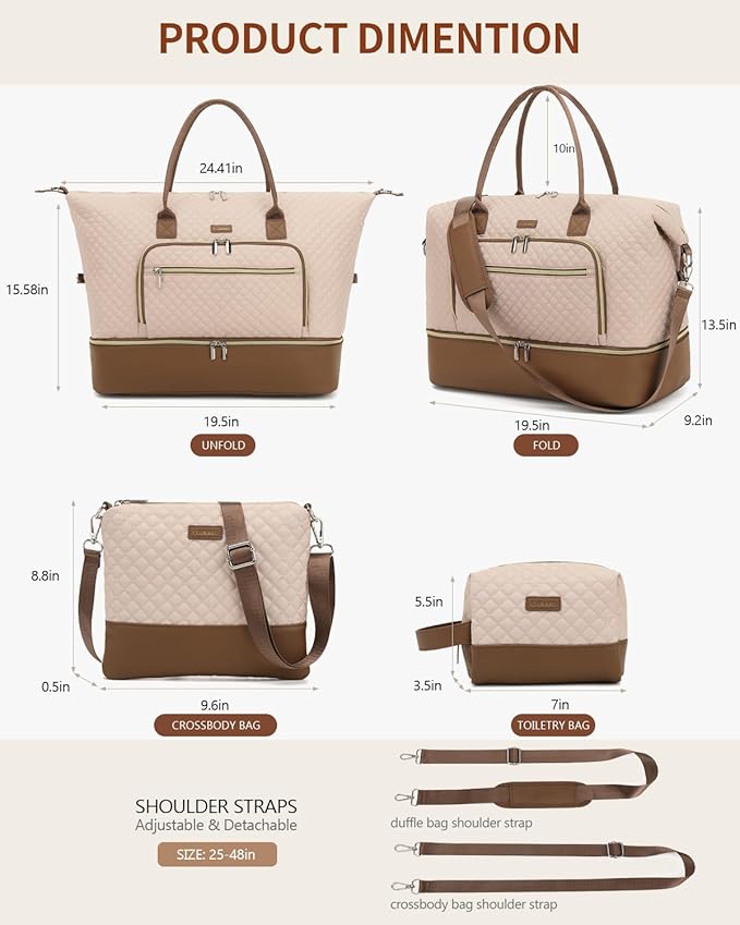 Weekender Bags for Women Travel, Under Seat Carry On Bags for Airplanes Overnight Bag with Shoe Compartment Luggage Sleeve, Foldie Travel Tote Bag Hospital Bag, Travel Gifts, Nude Brown