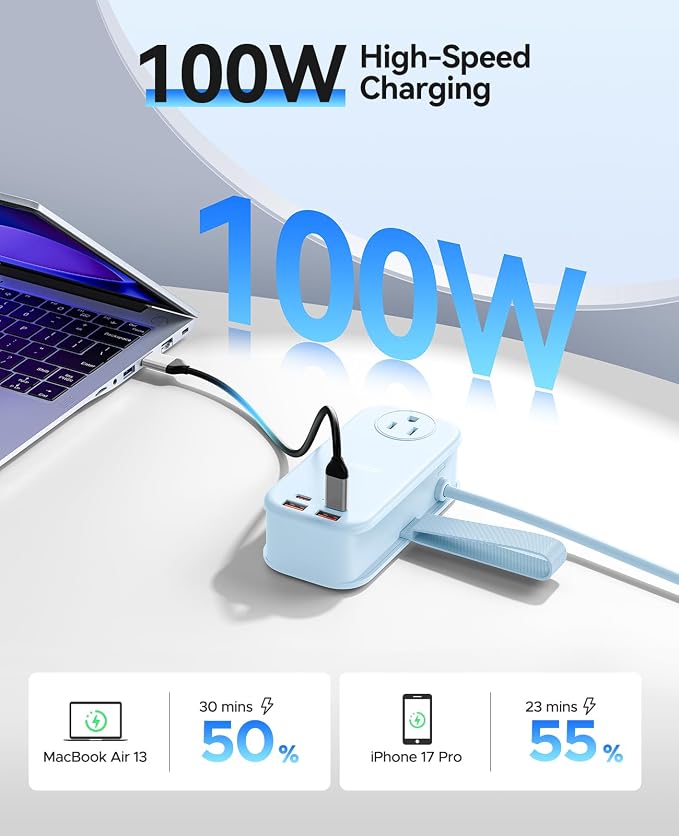 ORICO 100W GaN Power Strip for Laptop, 6 in 1 Multiple Outlets Extension Cord(2 AC Outlets, 2 USB-A, 2 USB-C Ports), 5ft Wrapped Flat Plug for Travel/Office ETL Listed