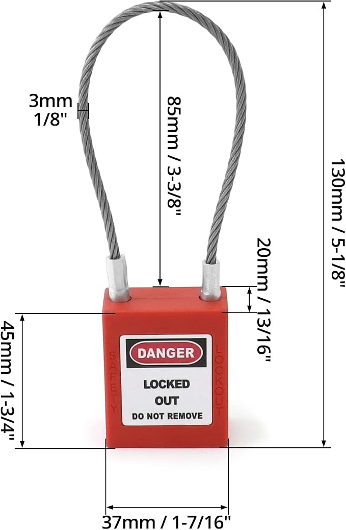 QWORK 4 Pack Lockout Tagout Steel Cable Locks with 8 Keys, Compact Cable Padlock, Red Keyed Different Electrical Lockout Padlock Set