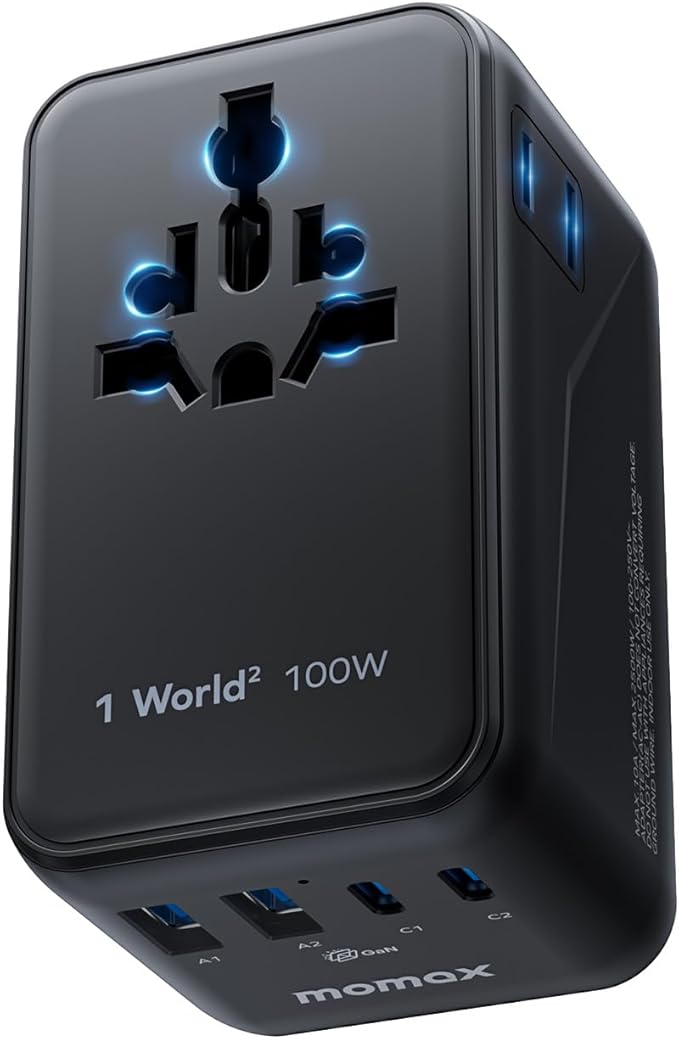 MOMAX 6-in-1 Universal Travel Adapter, GaN 100W International Power Adapter, 2 AC, 2 USB-C PD Fast Charging & 2 USB-A QC, All-in-one International Plug Adapter for Travel European UK AUS JP