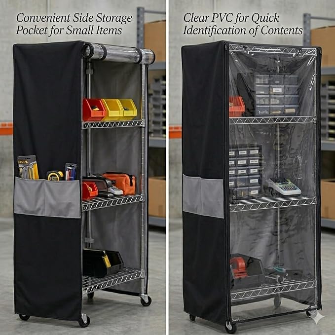 48"W x 18"D x 72"H Heavy Duty Storage Shelf Cover, Waterproof 600D Oxford Rack Cover with Clear PVC Window, Side Zippers, Top Buckles & Side Pocket for Wire Shelvin