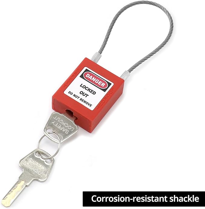 QWORK Lockout Tagout Steel Cable Locks, 10 Pack Compact Cable Padlock with 20 Keys, Red Keyed Different Electrical Lockout Padlock Set