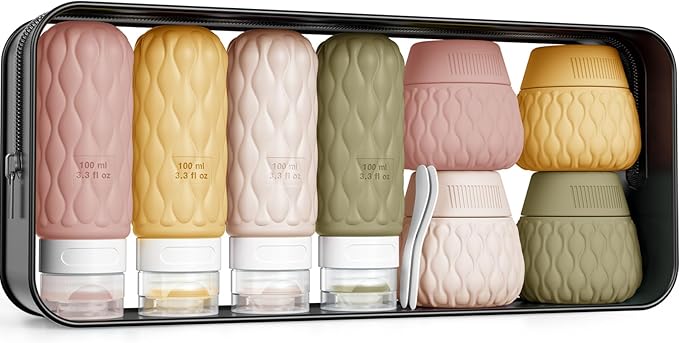 Silicone Travel Bottles for Toiletries 8 Pack Travel Size Toiletries 3.4 oz 1.7 oz, Leakproof Squeeze Travel Size Containers Refillable Cosmetic Jars Set for Shampoo, Conditioner, Creams