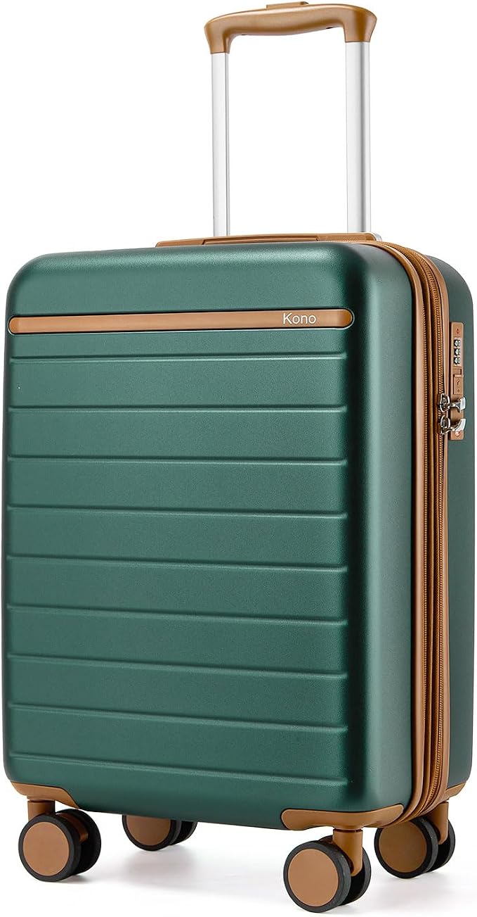 Kono Expandable 20 Inch Carry On Suitcase Airline Approved, Lightweight ABS+PC Hardshell Luggage with 360° Silent Spinner Wheels, Green/Brown
