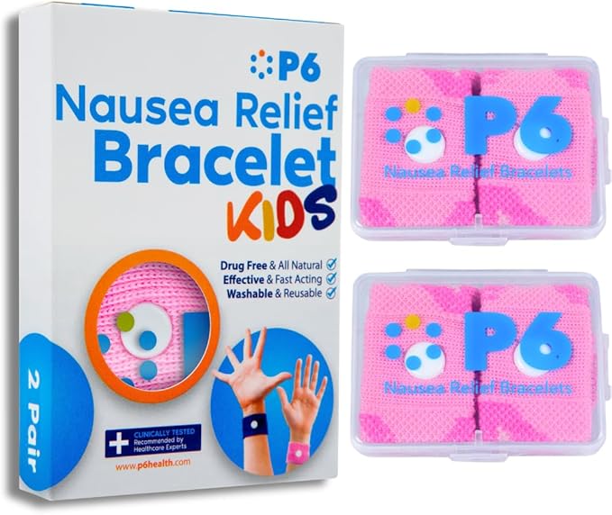 P6 Motion Sickness Bands for Kids Children’s Wristbands for Anti Nausea Sea Cruise Travel Car Sickness All-Natural Non Drowsy Relief Acupressure Treatment (2 Pack, Pink - Pink)