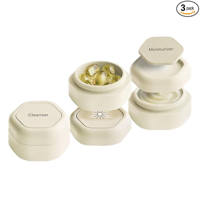 Cadence Travel Containers Basic Skincare Set - Magnetic Containers with Lids,Carry On Travel Essentials For Women/Men - 3 Small Capsules (0.56oz) - Cleanser, Moisturizer & Sun-Icon Labels - Sand