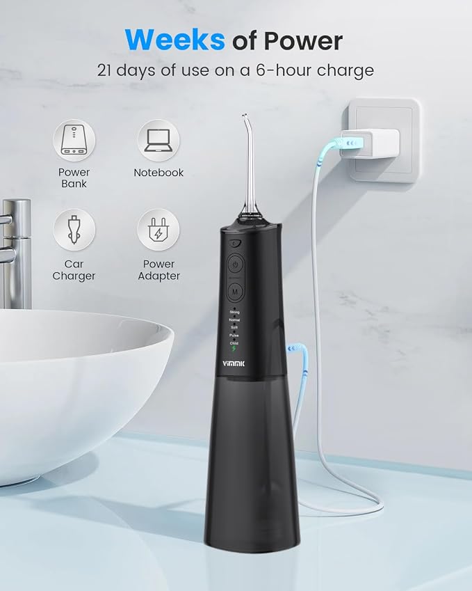 VIMMK Water Flosser, Cordless Water Dental Flosser, 9 Jet Tips 5 Modes 300ML IPX7 Waterproof, Portable Rechargeable Oral Irrigator for Home Travel - Gums, Orthodontic, Braces Care (Black)
