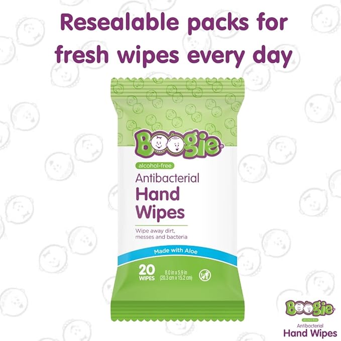Antibacterial Hand Wipes by Boogie, Alcohol Free, Hypoallergenic and Moisturizing Aloe, Hand Wipes for Kids and Adults, 12 Packs of 20 (120 total wipes)