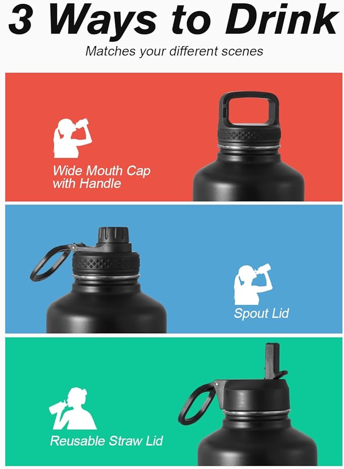 Coolflask Water Bottle 87 oz with Straw, 2/3 Gallon Insulated Stainless Steel 3 Lids Large Water Jug Wide Mouth for Sports or Office, Non-BPA Keep Cold Up to 48 Hrs or Hot Up to 24 Hrs, Piano Night