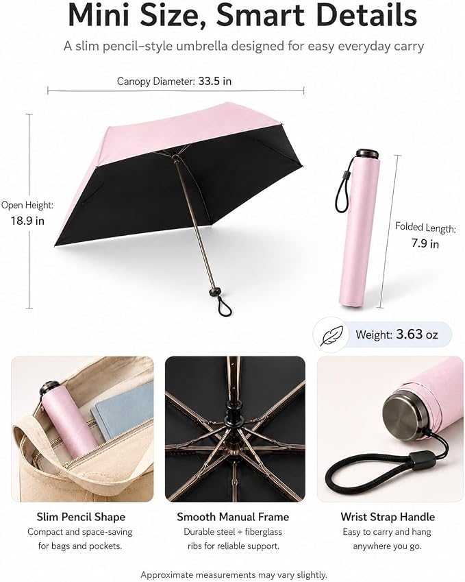 Japan Pencil Umbrella, Japanese Ultra Light Mini Travel Umbrella with Upf 50+ Sun Protection, Compact Folding Pocket Parasol for Rain, Backpack, Handbag, Commute, Beach, Hiking, Outdoor Use