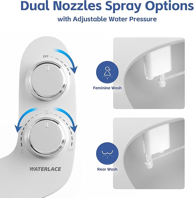 WATERLACE Bidet Attachment for Toilet Seat Water Pressure - Non Electric Bidets Self Cleaning Sprayer - Dual Nozzle Bidet Attachments Toilets Spray - Adjustable Bidets Wash Butt Cleaner for Bathroom