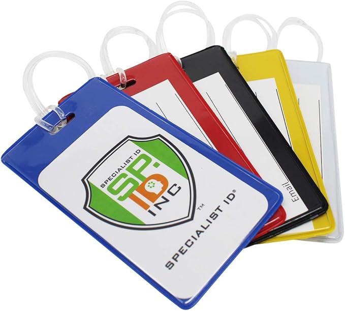 Bulk 100 Pack - Bright Backpack ID Luggage Tags for Student Identification Cards - School Name Badge Holder for Backpacks - Business Card Size with Clear Window by Specialist ID (Assorted Colors)