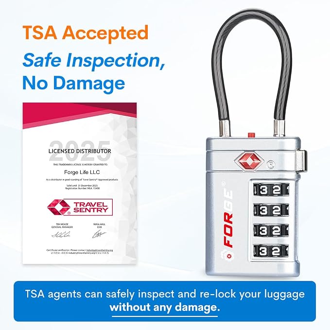 Forge TSA Approved Luggage Locks 4 Digit Combination TSA Travel Locks with TSA008, Open Alert Indicator, Zinc Alloy Body for Luggage, Suitcase, Backpack, and More. Silver 2 Locks.