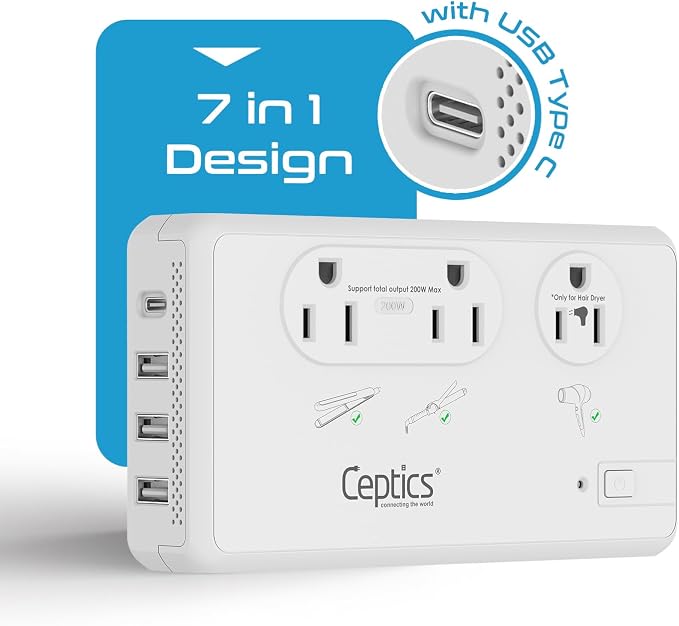 Ceptics 220V to 110V Travel Voltage Converter for Hair Dryer, 2000W & 200W outlets for Dryers, Curling Iron, Straightener, Chargers, Step Down, 4 USB Ports (1x USB-C) with 6 SWadApt attachments