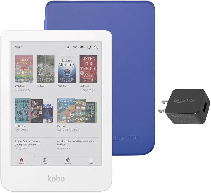 Kobo Clara Colour eReader (White) with Case Bundle (Cobalt Blue Basic SleepCover, Case + AC Bundle)