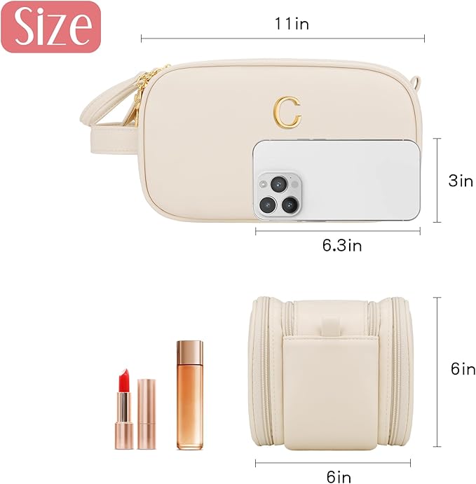Gifts for Women Teen Girls Large Capacity Initial Travel Makeup Bag, 3-Compartment Cosmetic Organizer with Clear Brush Holders, Large Opening Waterproof Toiletry Bag,Beige,C