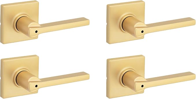 Kwikset Casey Interior Square Privacy Door Handle with Lock, Door Lever for Bathroom and Bedroom, Satin Brass, Reversible Keyless Push Button Lock Door Lever, 4 Pack