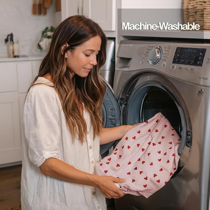 Muslin Nursing Covers for Breastfeeding, Arch Neckline Breast Feeding Covers for Women, Moms Privacy Breathable Summer Nursing Apron,Enlarged Soft Feeding Cover (Blush Red Heart)
