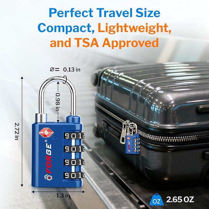 Forge Dual-Opening: Key or Combination Lock, TSA Approved Lock for Luggage, Pelican case, Travel, Gym, School, Luggage Combination Lock, Travel Bag Lock (Blue 2 Pk)