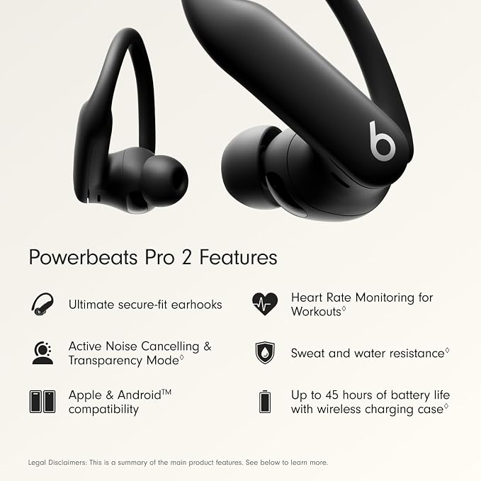 Beats Powerbeats Pro 2 - Wireless Noise Cancelling Workout Earbuds with Secure- Fit Earhooks, Up to 45-Hour Battery with Charging Case, Sweat & Water Resistant, Heart Rate Monitoring - Jet Black