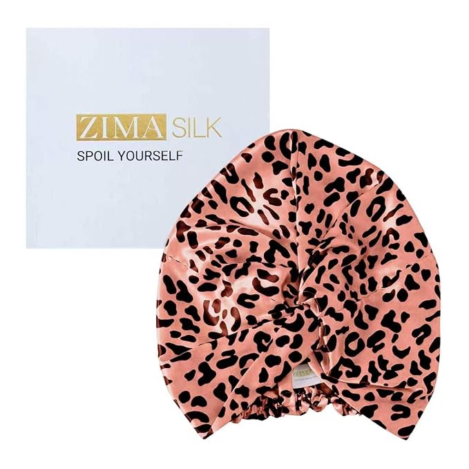 ZIMASILK 22 Momme 100% Mulberry Silk Bonnet for Sleeping & Women Hair Care, Highest Grade 6A Silk Hair wrap for Sleeping with Premium Elastic Stay On Head (1Pc, Leopard Black/Pink)