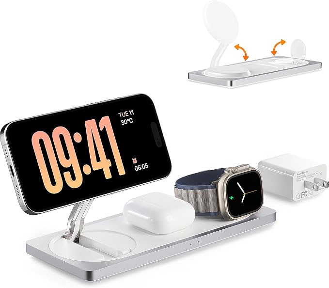 PETINO 3 in 1 Wireless Charging Station for Apple Devices with MagSafe | For iPhone 17/Air/16/15/14/13/12, AirPods & Apple Watch, Foldable Portable Aluminum Charging Stand, Adapter Included