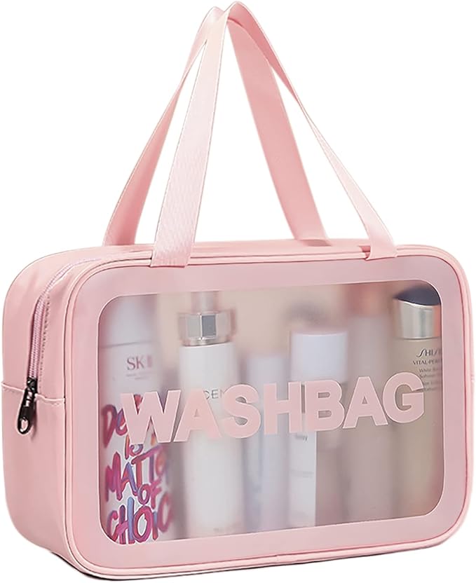 DAPOWER Travel Toiletry Bag for Women, Matte Translucent Toiletry Bag with Handy Handle, Makeup Cosmetic Organizer Bag for Travel Toiletries Accessories (Pink)