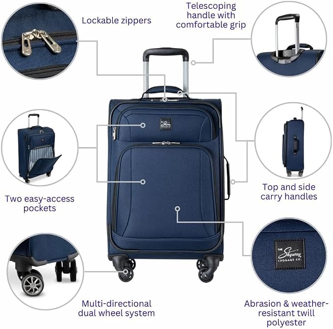 Skyway Epic Softside Medium Checked Luggage - Lightweight Suitcase with Wheels | TSA Approved Travel Bag | Spinner Suitcase | Large Luggage Set with Telescoping Handle, 24 inch, Surf Blue