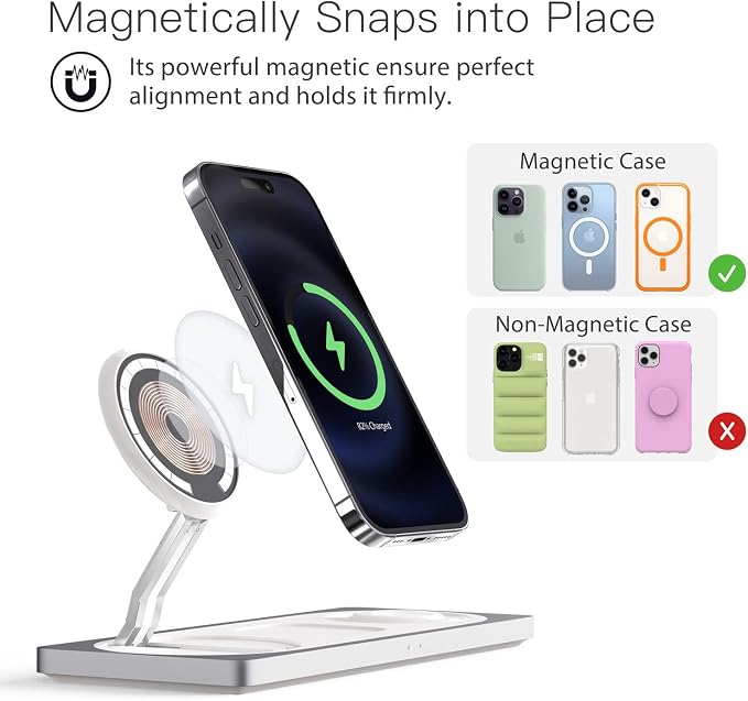 PETINO 3 in 1 Wireless Charging Station for Apple Devices with MagSafe | For iPhone 17/Air/16/15/14/13/12, AirPods & Apple Watch, Foldable Portable Aluminum Charging Stand, Adapter Included