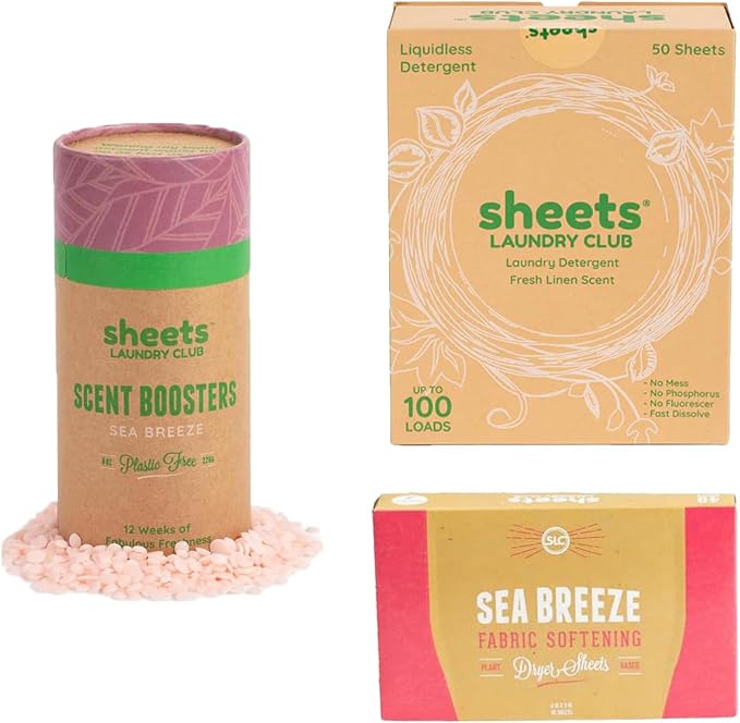 Sheets Laundry Club Bundle - 4 Pack Fresh Linen Detergent Sheets, 3 Pack Sea Breeze Dryer Sheets & 4 Pack Sea Breeze Scent Booster - New Liquidless Technology