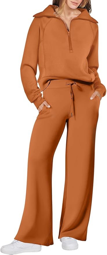 ANRABESS Women’s 2 Piece Outfits Half Zip Sweatshirt & Wide Leg Pants Airport Travel Lounge Matching Sets Sweatsuits Clothing