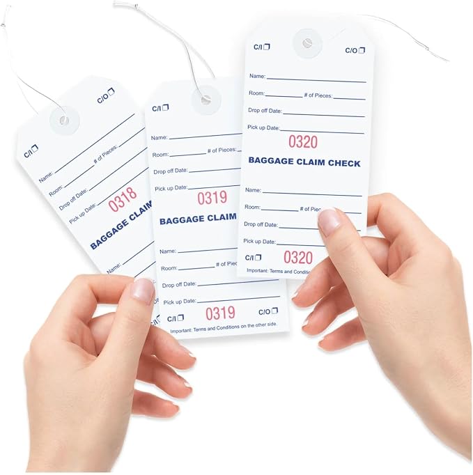 1000 Baggage Claim Check Tags with Red Consecutive Numbering. Elastic Strings Attached to Each tag with Reinforced Eyelet Around Hole Prevents Tearing. Size: 5 1/4" (Height) x 2 5/8" (Width)