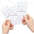 1000 Baggage Claim Check Tags with Red Consecutive Numbering. Elastic Strings Attached to Each tag with Reinforced Eyelet Around Hole Prevents Tearing. Size: 5 1/4" (Height) x 2 5/8" (Width)