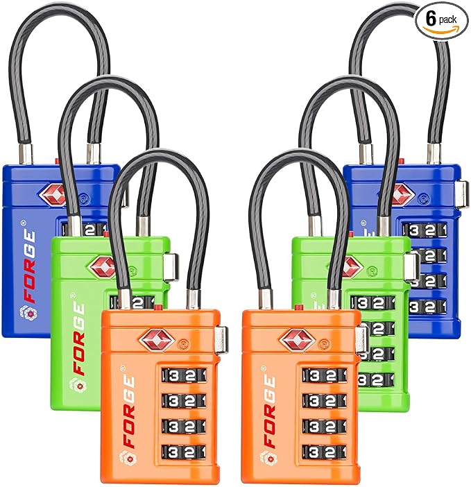 Forge TSA Approved Luggage Locks 4 Digit Combination TSA Travel Locks with TSA008, Open Alert Indicator, Zinc Alloy Body for Luggage, Suitcase, Backpack, and More. 3 Color 6 Locks.
