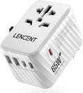 LENCENT International Travel Adapter, 65W GaN3 Universal Fast Charger with 2 USB A + 3 Type C PD, Worldwide Power Adaptor for Phones,Laptops, All in One Travel Essentials for EU/USA/UK/AU, White