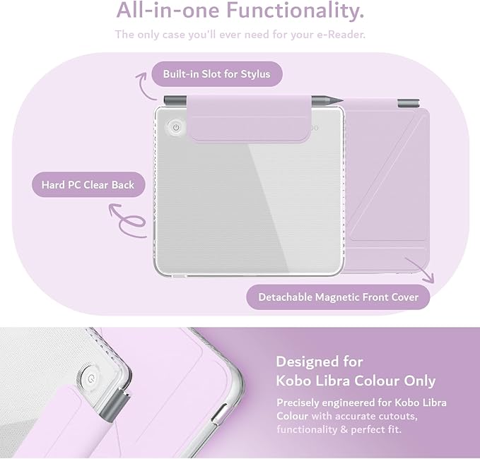 TUDIA M-FLIP Detachable Clear Magnetic Case for Kobo Libra Colour (2024) - [Auto Wake/Sleep] Shockproof Slim Transparent Back Magnetic Fold Cover with Stylus Holder (Purple)