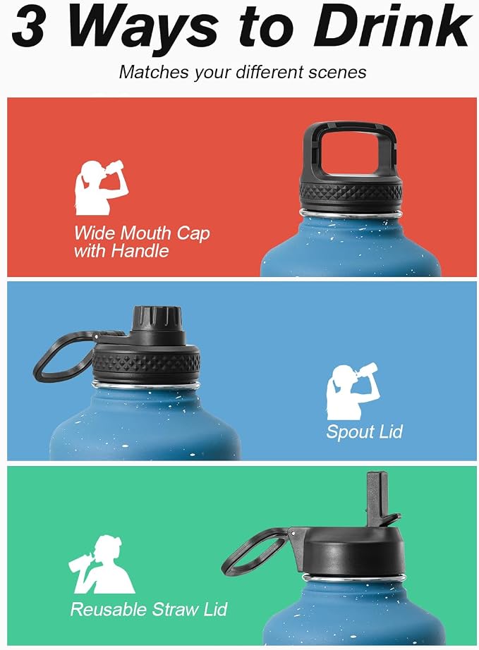 Coolflask 64 oz Water Bottle Insulated with Straw&3 Lids, Half Gallon Water Jug Galaxy Large Metal Stainless Steel Vacuum Flask for Gym, Sports and Travel, Keep Cold 48H Hot 24H,Turquoise