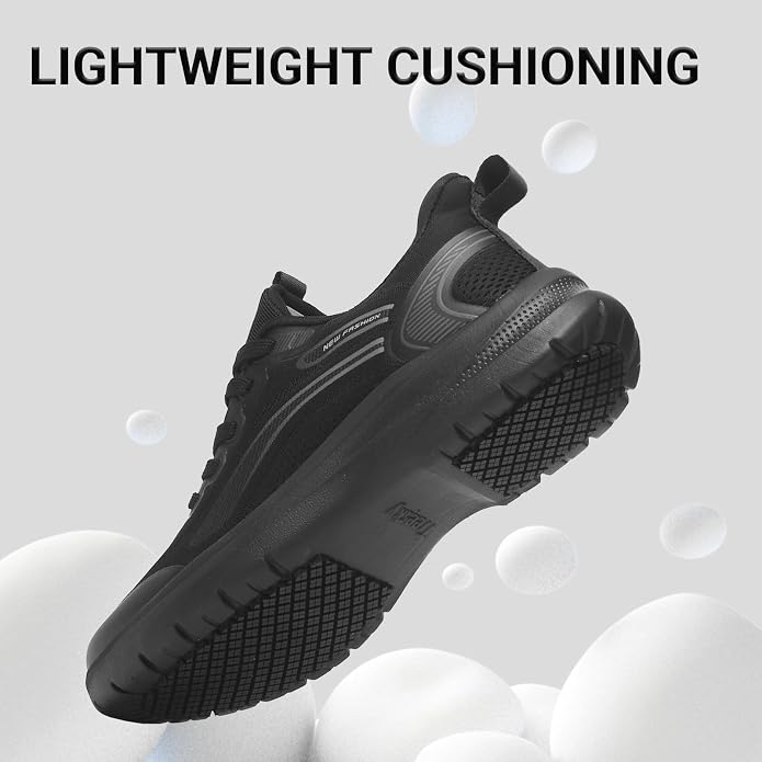 Treesky Black Non Slip Work Shoes for Women, Restaurant & Kitchen Sneakers | Slip resistant soles, lightweight cushioning, breathable knit, removable insole, for nursing, food service & long shifts
