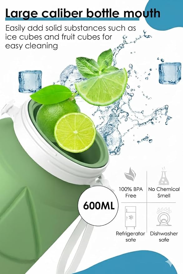 Folding Silicone Water Bottle | Collapsible Travel Water Bottle for Gym, Office, School, Cycling, Hiking & Outdoor Sports | Leak-Proof, Portable Bottle | 600 Ml (Green)